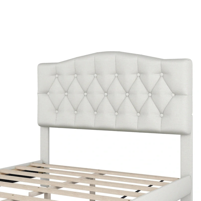 Upholstered Platform Bed with Saddle Curved Headboard and Diamond Tufted Details, Full, Beige 4