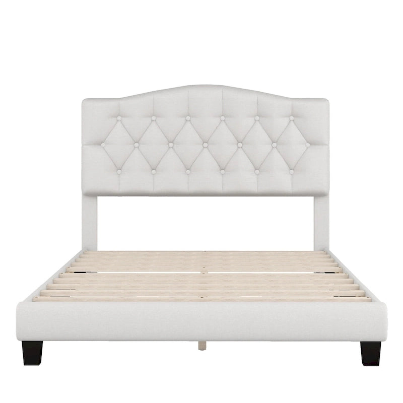 Upholstered Platform Bed with Saddle Curved Headboard and Diamond Tufted Details, Full, Beige 5