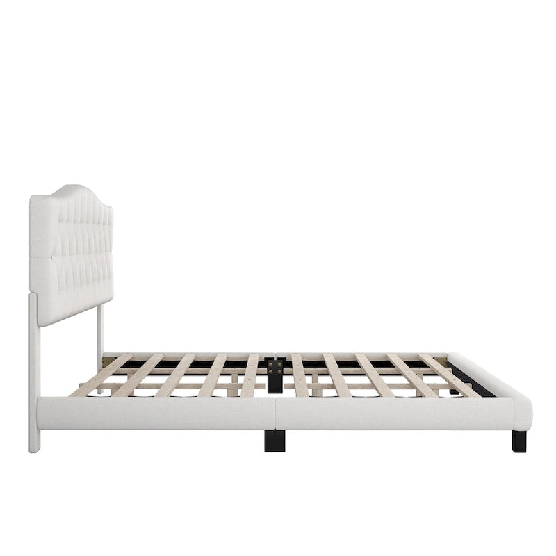 Upholstered Platform Bed with Saddle Curved Headboard and Diamond Tufted Details, Full, Beige 6