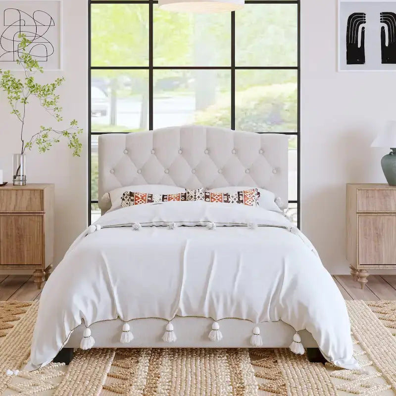 Upholstered Platform Bed with Saddle Curved Headboard and Diamond Tufted Details, Full, Beige 9