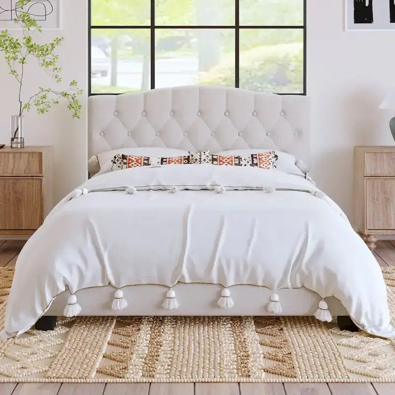 Upholstered Platform Bed with Saddle Curved Headboard and Diamond Tufted Details, Full, Beige 10