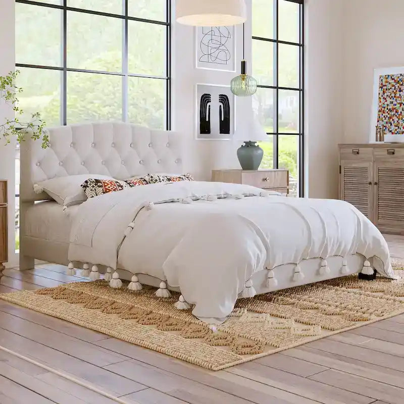 Upholstered Platform Bed with Saddle Curved Headboard and Diamond Tufted Details, Full, Beige 11