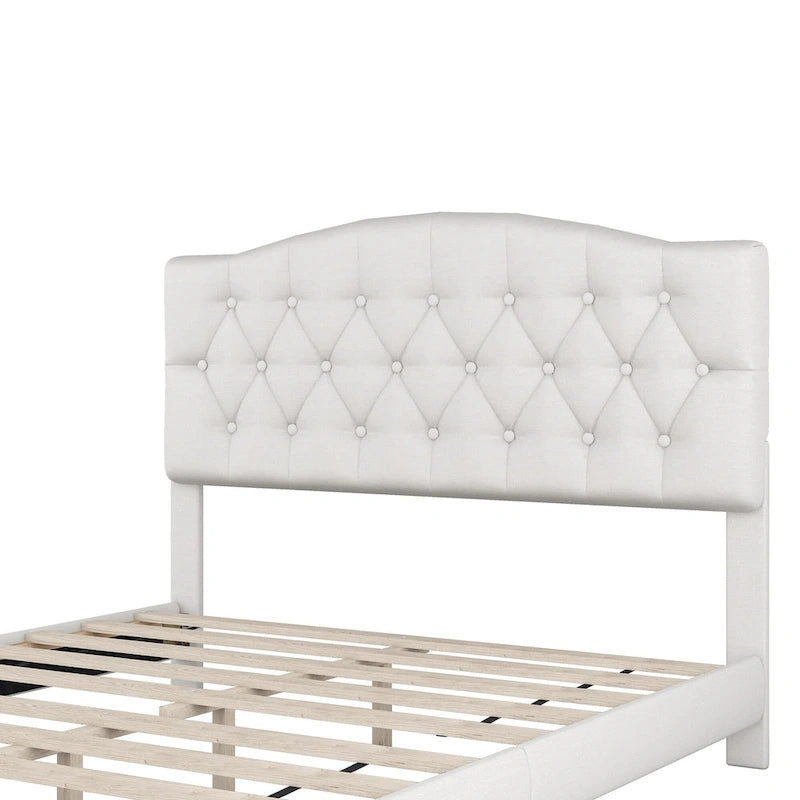Upholstered Platform Bed with Saddle Curved Headboard and Diamond Tufted Details, Full, Beige 12