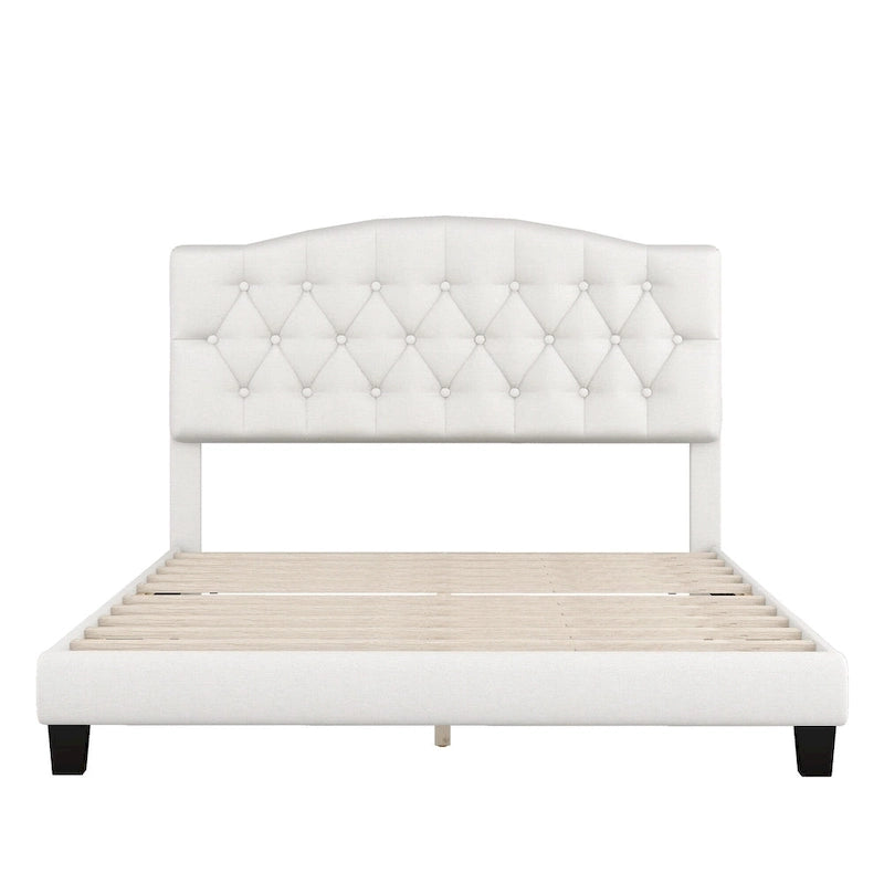 Upholstered Platform Bed with Saddle Curved Headboard and Diamond Tufted Details, Full, Beige 13