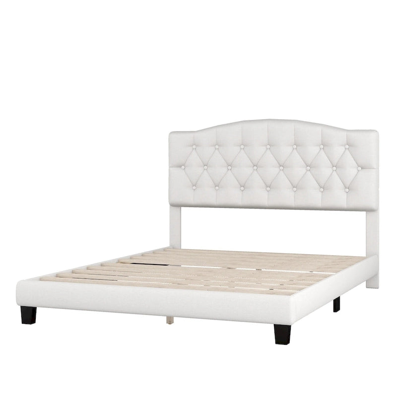 Upholstered Platform Bed with Saddle Curved Headboard and Diamond Tufted Details, Full, Beige 14