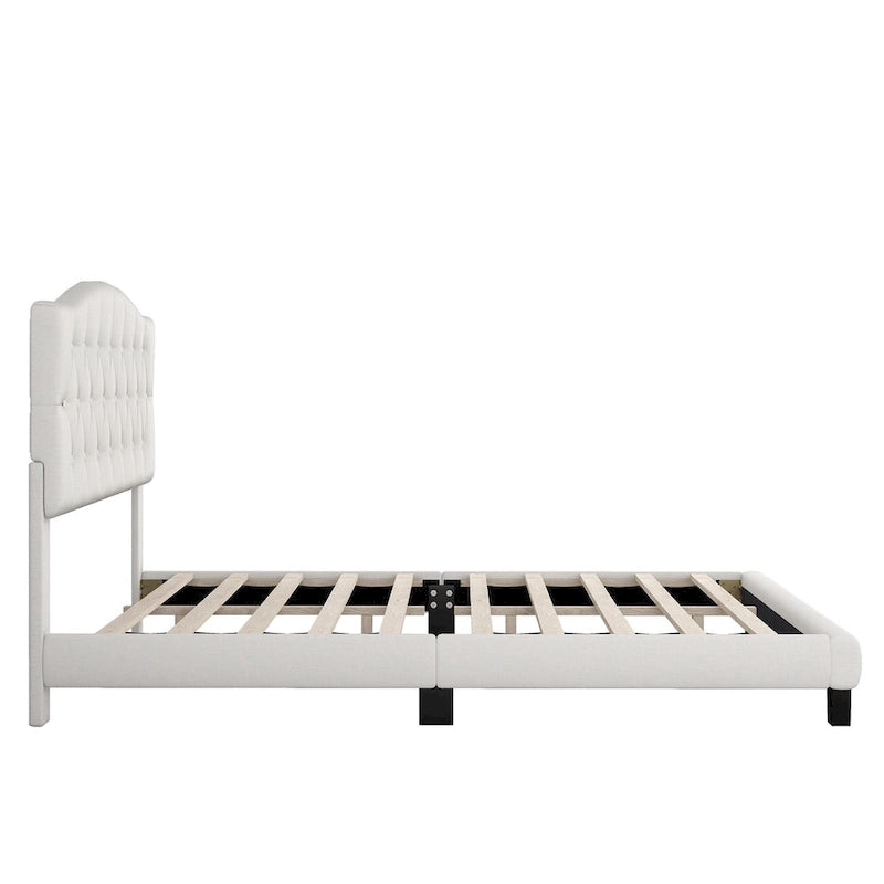 Upholstered Platform Bed with Saddle Curved Headboard and Diamond Tufted Details, Full, Beige 15