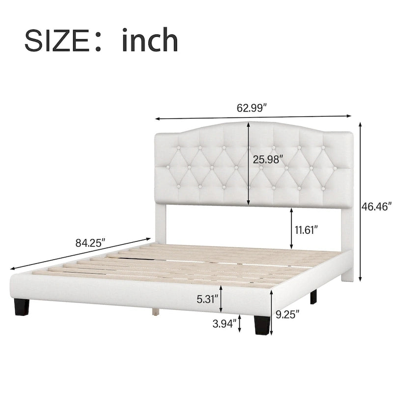 Upholstered Platform Bed with Saddle Curved Headboard and Diamond Tufted Details, Full, Beige 16