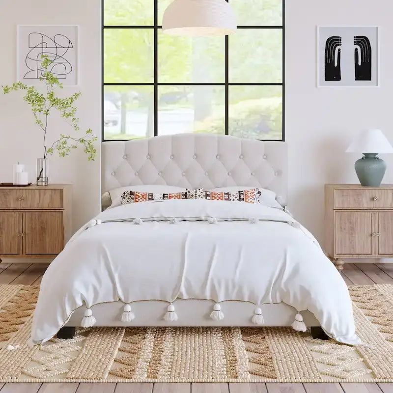 Upholstered Platform Bed with Saddle Curved Headboard and Diamond Tufted Details, Full, Beige 17
