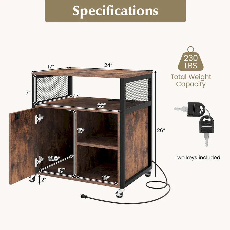 Costway File Cabinet on Wheels with Charging Station & Cable - See Details 5