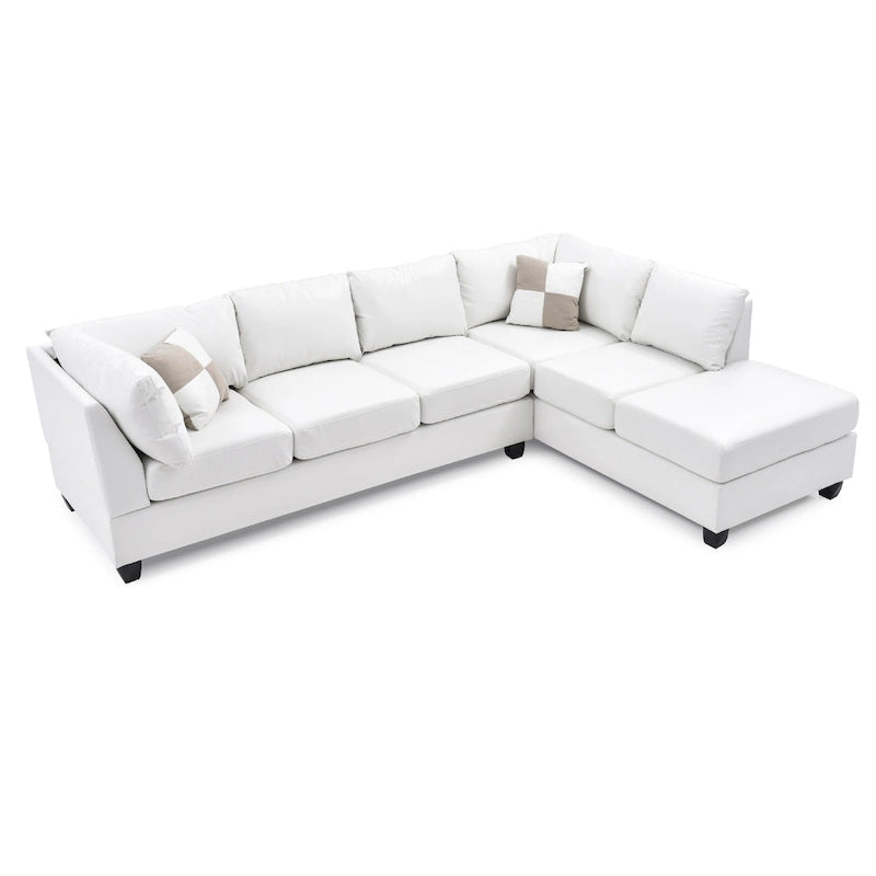 Reversible Faux Leather 4-Seater Sectional Sofa with Throw Pillows - 111 - White 3