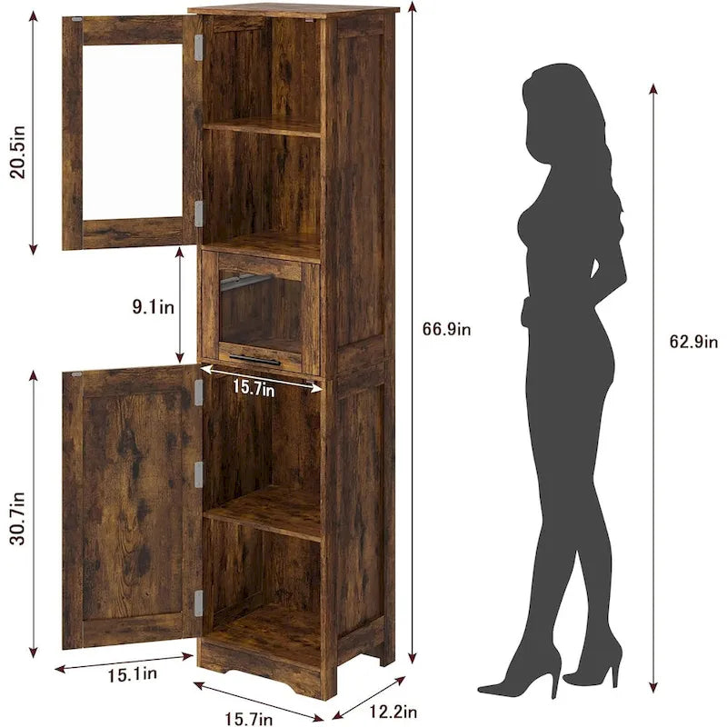 Tall Bathroom Cabinet, Linen Storage Cabinet with Doors and Adjustable Shelves and Drawer 27