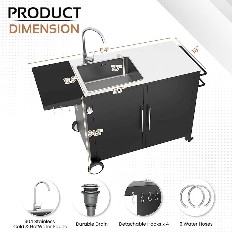 AECOJOY Outdoor Kitchen Sink with Hose Hook up, Stainless Steel Grill Prep Table Kitchen Cabinets Island 3