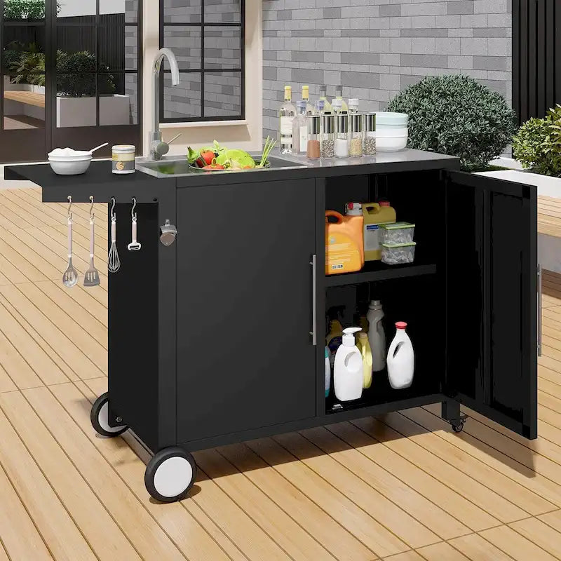 AECOJOY Outdoor Kitchen Sink with Hose Hook up, Stainless Steel Grill Prep Table Kitchen Cabinets Island 4