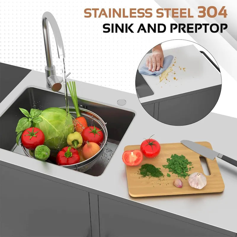 AECOJOY Outdoor Kitchen Sink with Hose Hook up, Stainless Steel Grill Prep Table Kitchen Cabinets Island 5