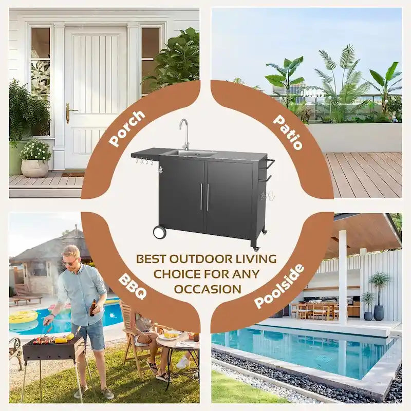 AECOJOY Outdoor Kitchen Sink with Hose Hook up, Stainless Steel Grill Prep Table Kitchen Cabinets Island 8