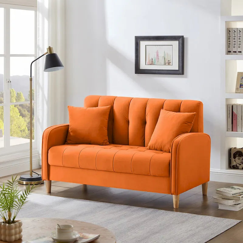 Modern Design Couch For Living Room Department Small Space Loveseat Smooth Velvet Upholstered Tufted Sofa Beige 4
