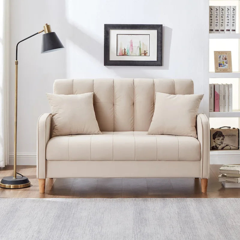 Modern Design Couch For Living Room Department Small Space Loveseat Smooth Velvet Upholstered Tufted Sofa Beige 5