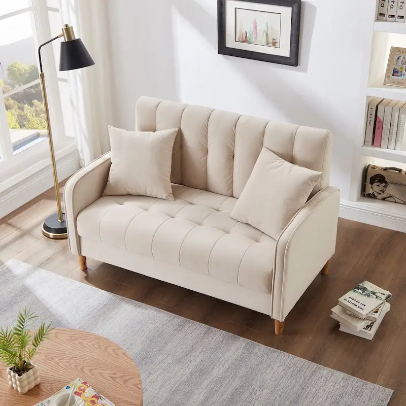 Modern Design Couch For Living Room Department Small Space Loveseat Smooth Velvet Upholstered Tufted Sofa Beige 6