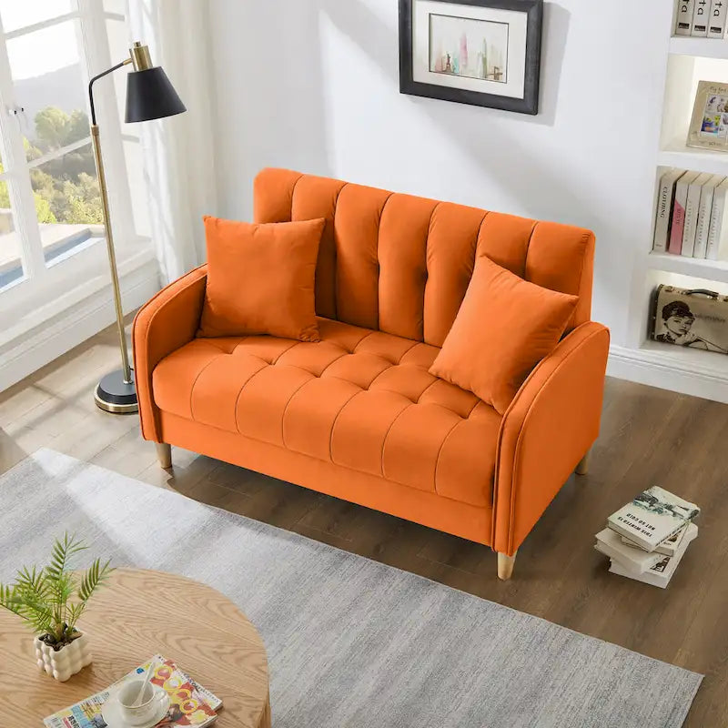 Modern Design Couch For Living Room Department Small Space Loveseat Smooth Velvet Upholstered Tufted Sofa Beige 17