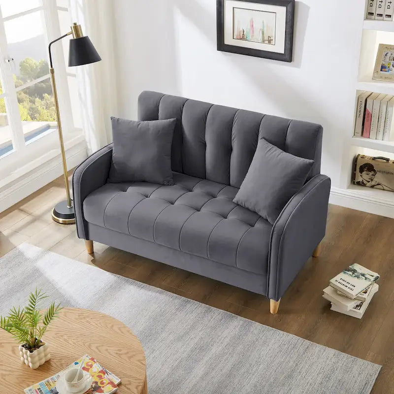 Modern Design Couch For Living Room Department Small Space Loveseat Smooth Velvet Upholstered Tufted Sofa Beige 28
