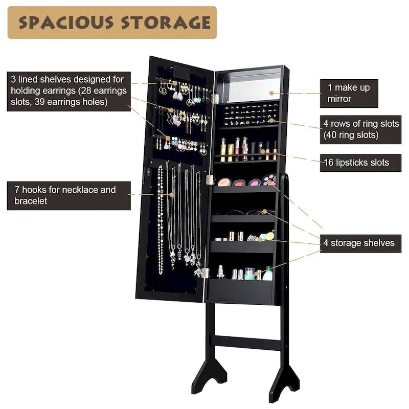 Costway Mirrored Jewelry Cabinet Organizer w/18 LED lights Black 4