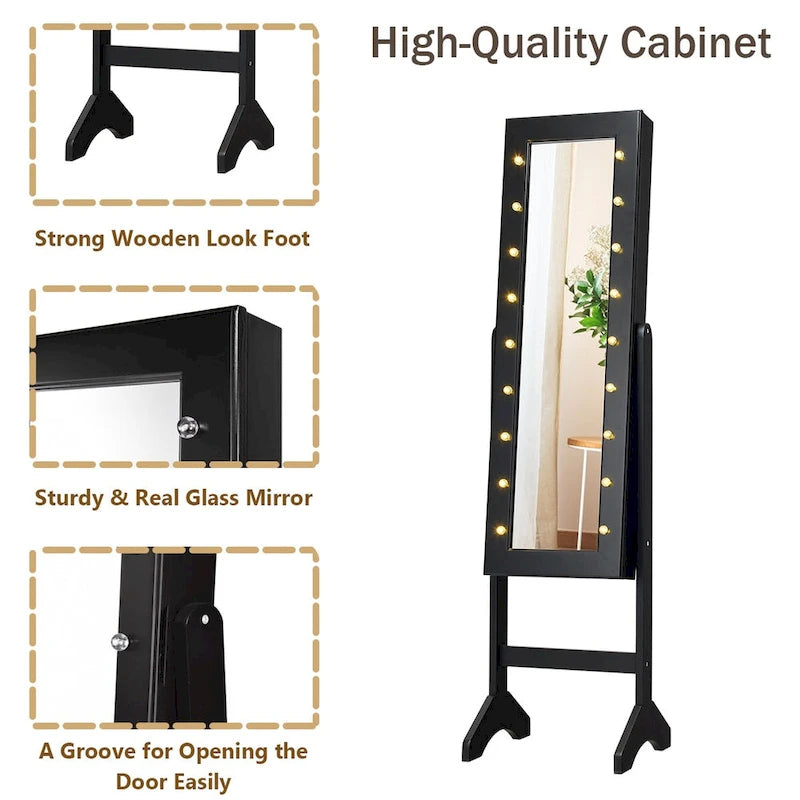 Costway Mirrored Jewelry Cabinet Organizer w/18 LED lights Black 6