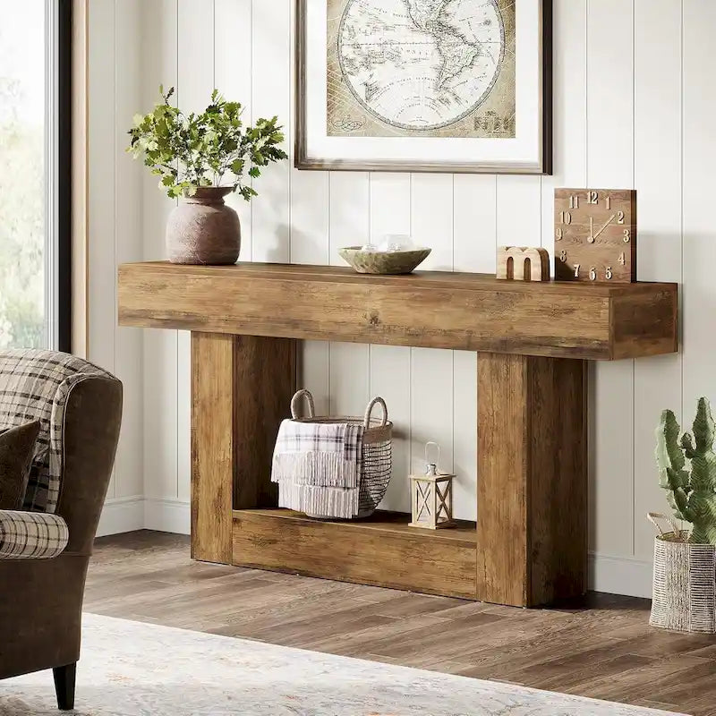 63 Inches Brown and Gray Narrow Long Wood Console Table for Entryway