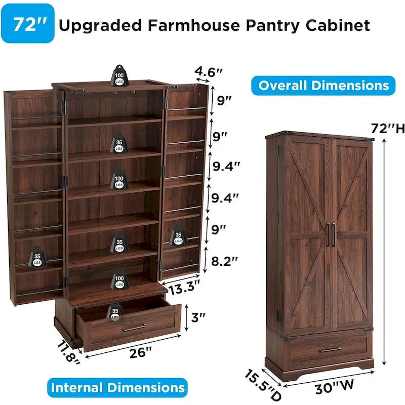 72 Farmhouse Kitchen Pantry Cabinet, Tall Storage Cabinet, Cupboard - N/A 18