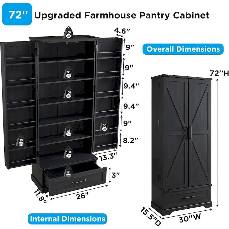 72 Farmhouse Kitchen Pantry Cabinet, Tall Storage Cabinet, Cupboard - N/A 24