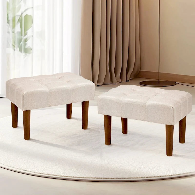 2 Pcs Small Foot Stool Ottoman, Linen Ottoman Foot Rest with Legs, Rectangle Upholstered Footrest 34