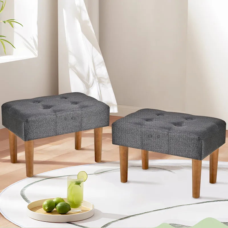 2 Pcs Small Foot Stool Ottoman, Linen Ottoman Foot Rest with Legs, Rectangle Upholstered Footrest 35