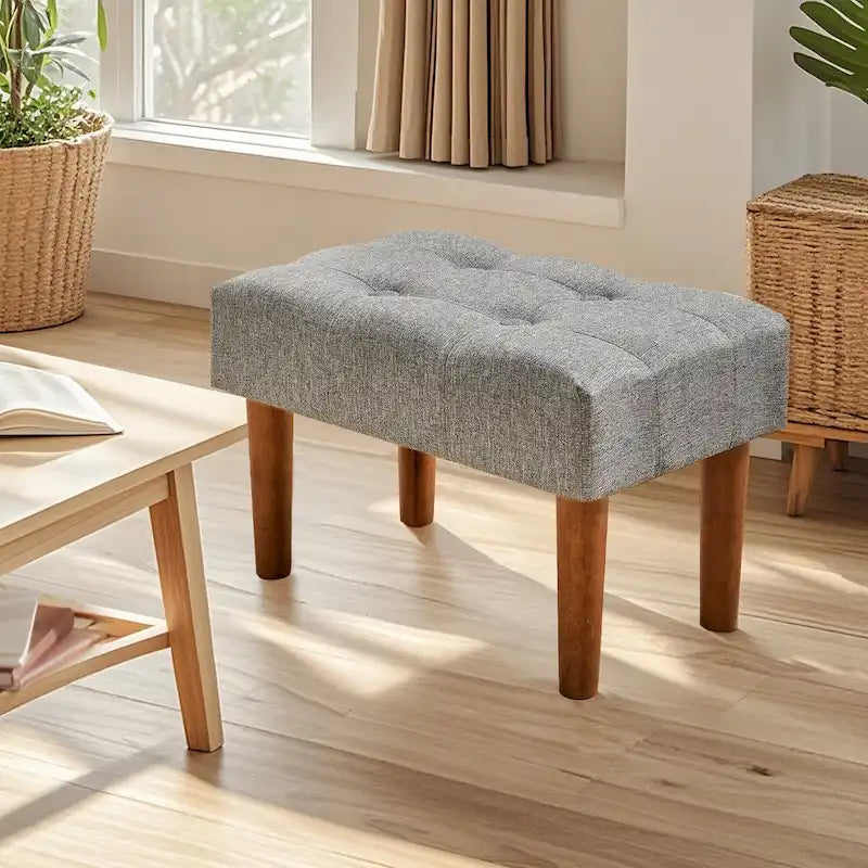 2 Pcs Small Foot Stool Ottoman, Linen Ottoman Foot Rest with Legs, Rectangle Upholstered Footrest 9