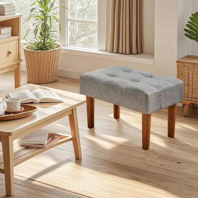 2 Pcs Small Foot Stool Ottoman, Linen Ottoman Foot Rest with Legs, Rectangle Upholstered Footrest 15