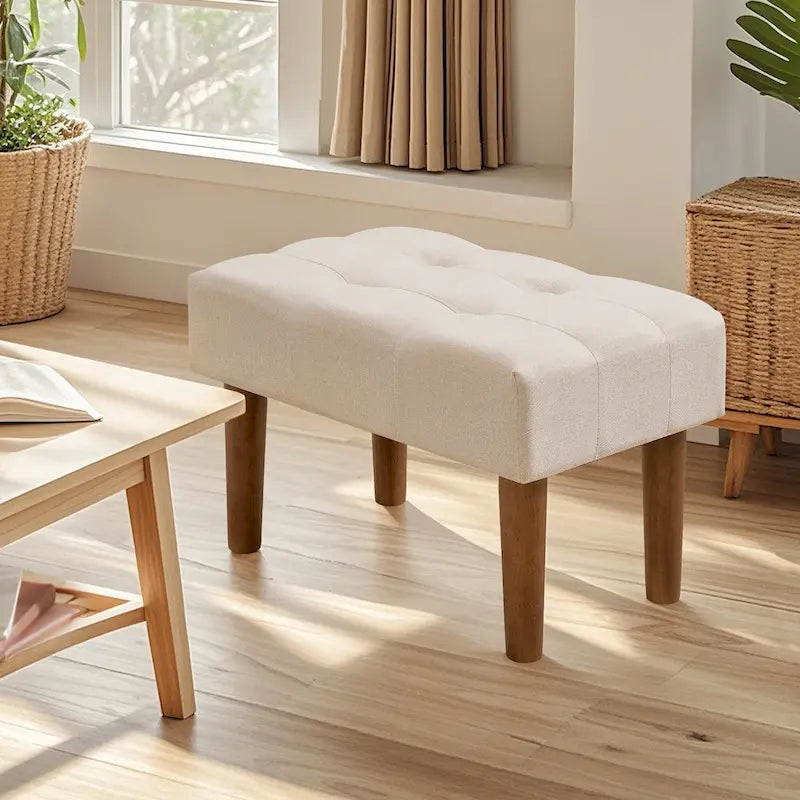 2 Pcs Small Foot Stool Ottoman, Linen Ottoman Foot Rest with Legs, Rectangle Upholstered Footrest 19