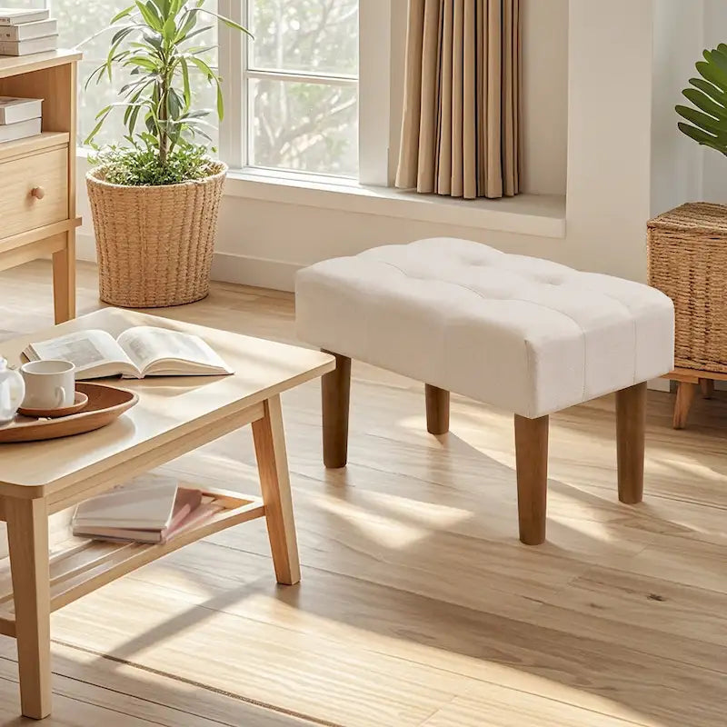 2 Pcs Small Foot Stool Ottoman, Linen Ottoman Foot Rest with Legs, Rectangle Upholstered Footrest 24