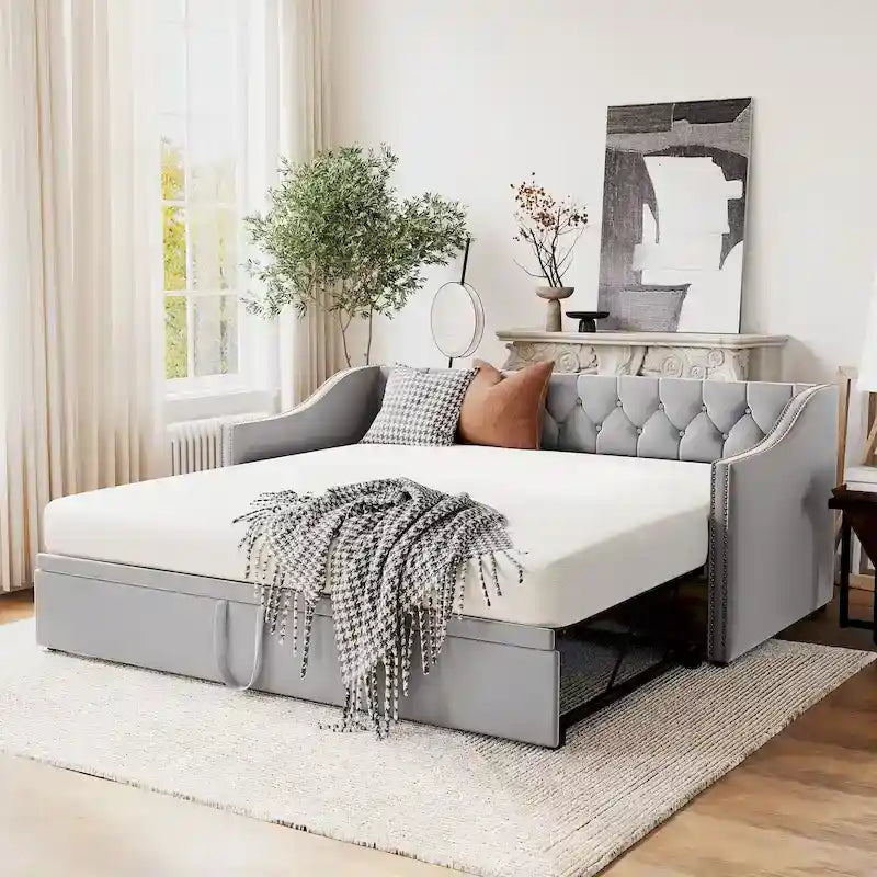 Twin Size Upholstered Daybed with Pop Up Trundle, Gray 30