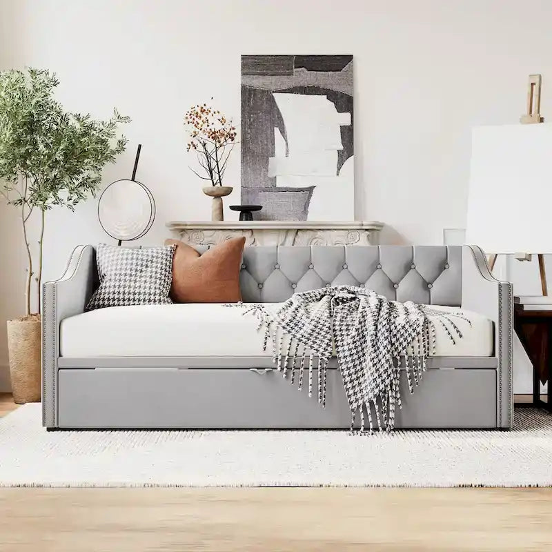Twin Size Upholstered Daybed with Pop Up Trundle, Gray 3