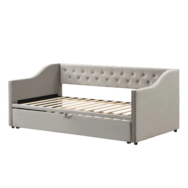 Twin Size Upholstered Daybed with Pop Up Trundle, Gray 4