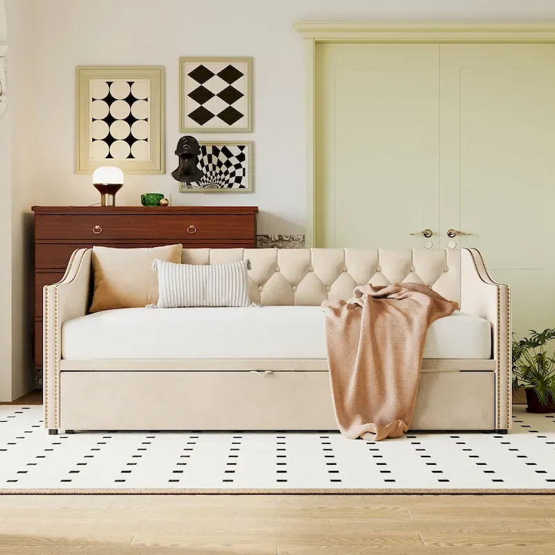 Twin Size Upholstered Daybed with Pop Up Trundle, Gray 11