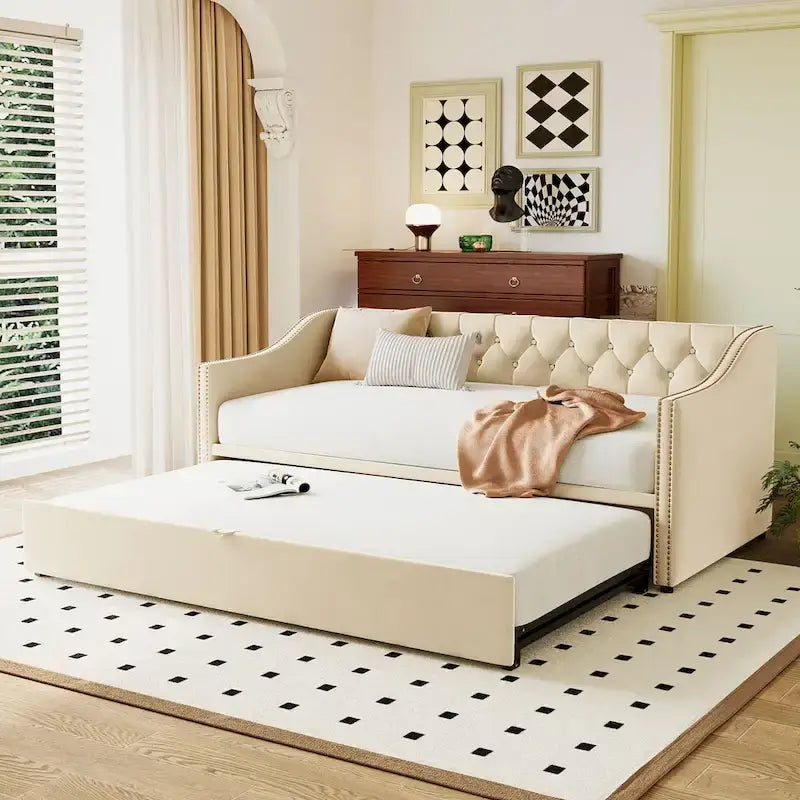 Twin Size Upholstered Daybed with Pop Up Trundle, Gray 12