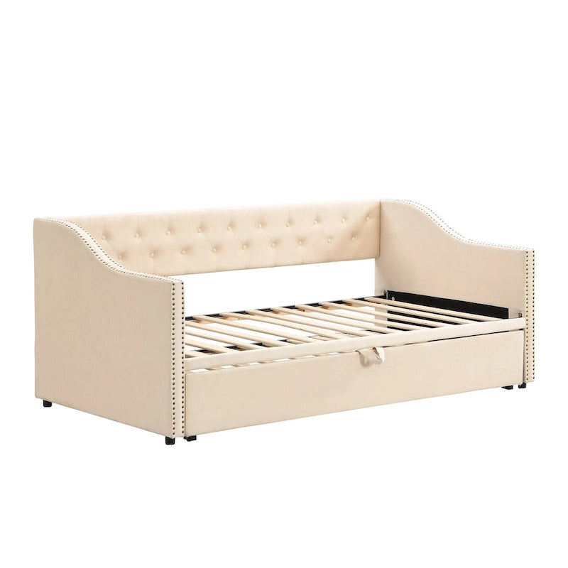 Twin Size Upholstered Daybed with Pop Up Trundle, Gray 18