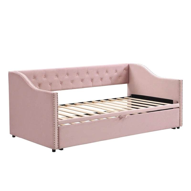 Twin Size Upholstered Daybed with Pop Up Trundle, Gray 23