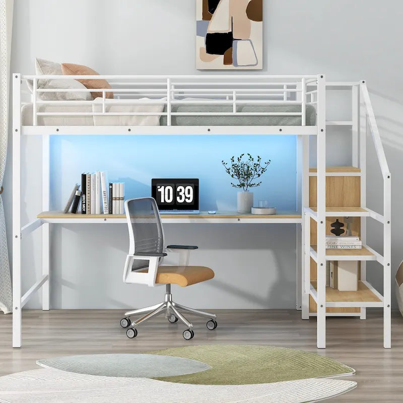 Letto a soppalco full-size con scrivania, scala contenitore, armadio piccolo, luce LED 31
