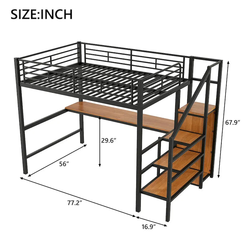 Letto a soppalco full-size con scrivania, scala contenitore, armadio piccolo, luce LED 3