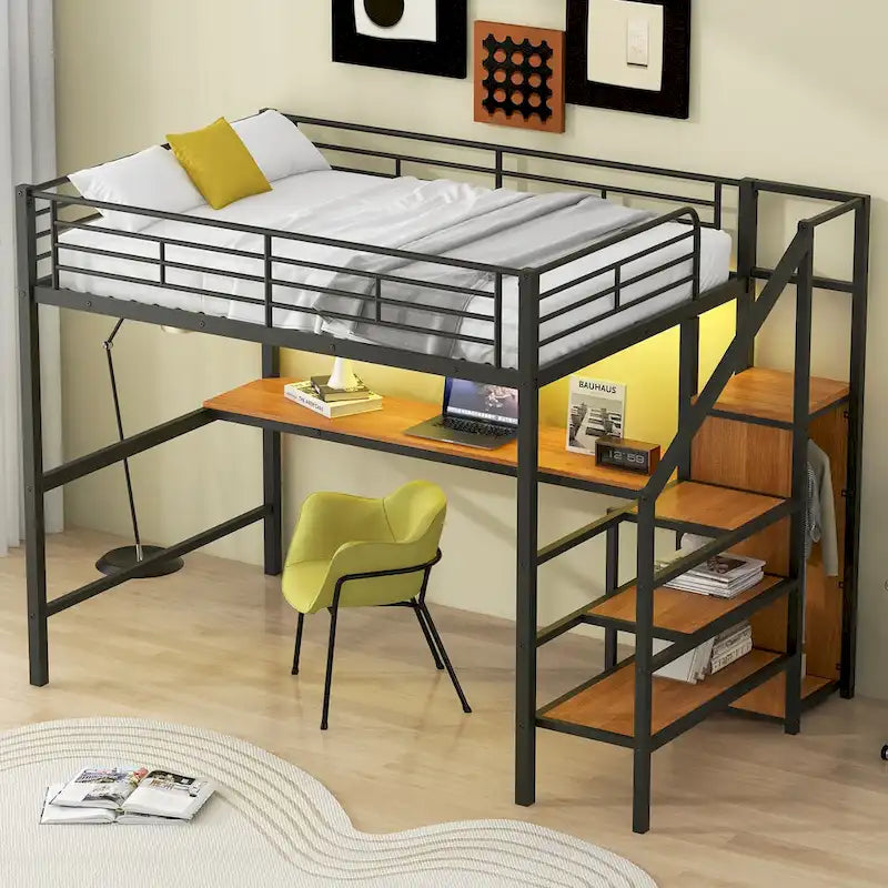 Letto a soppalco full-size con scrivania, scala contenitore, armadio piccolo, luce LED 4