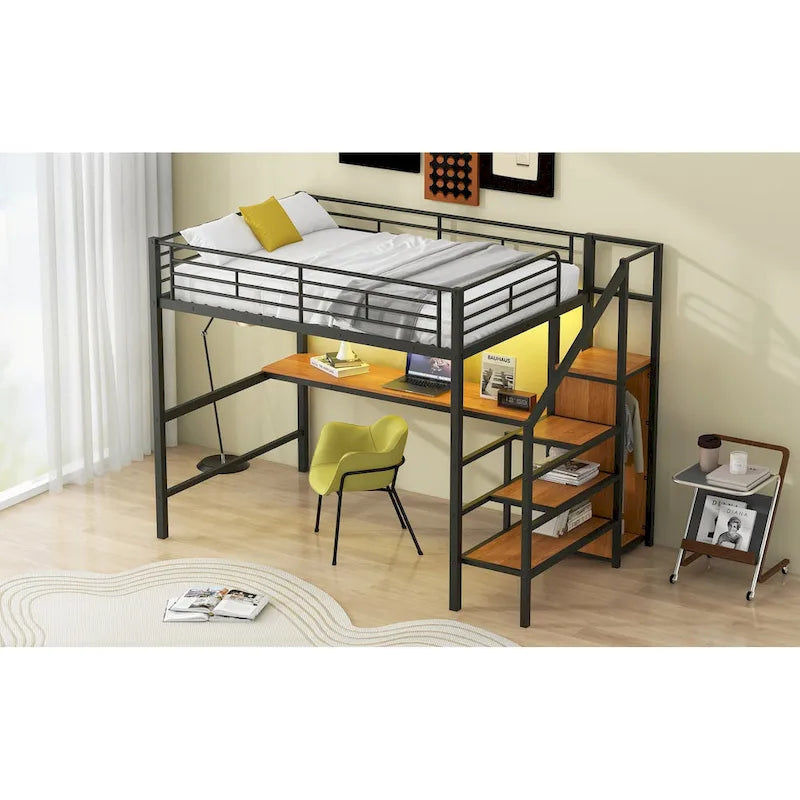 Letto a soppalco full-size con scrivania, scala contenitore, armadio piccolo, luce LED 5