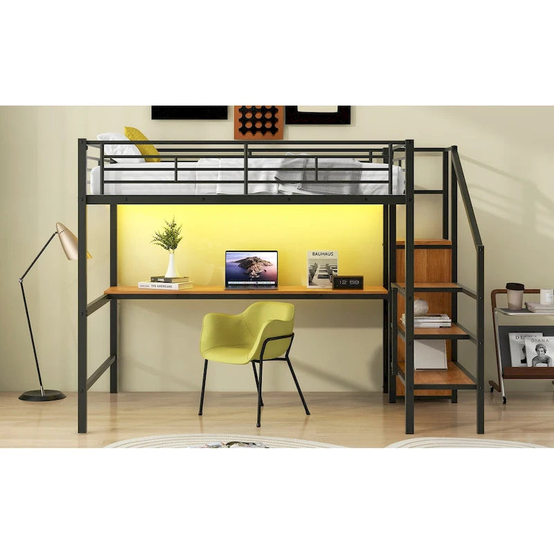 Letto a soppalco full-size con scrivania, scala contenitore, armadio piccolo, luce LED 6