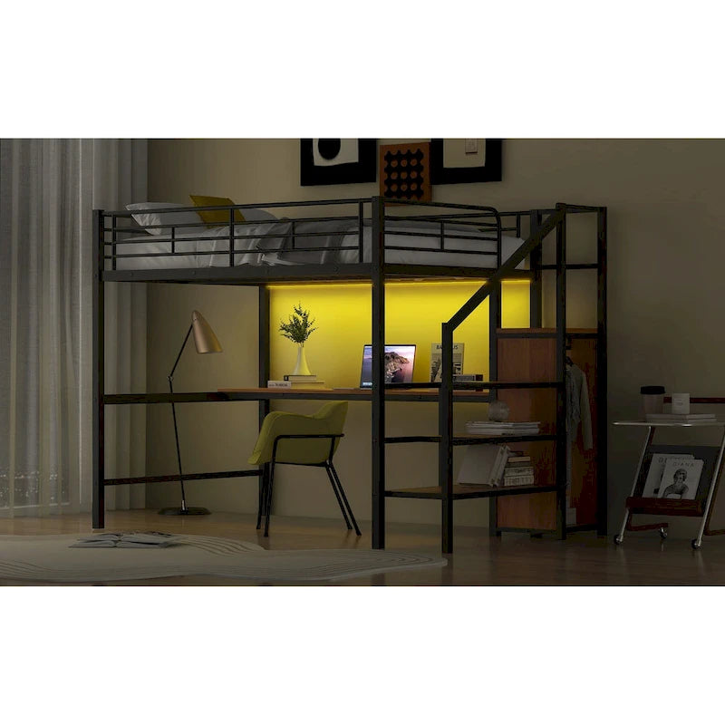 Letto a soppalco full-size con scrivania, scala contenitore, armadio piccolo, luce LED 7