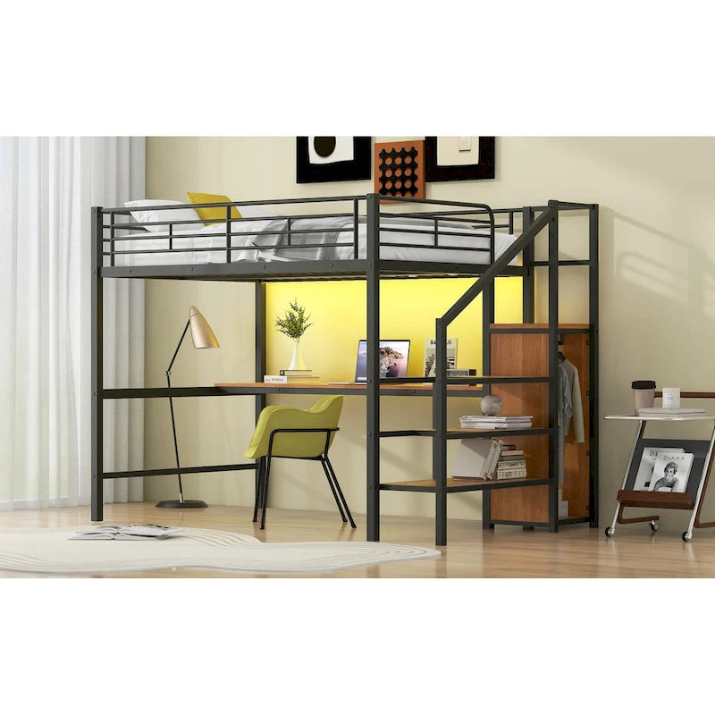 Letto a soppalco full-size con scrivania, scala contenitore, armadio piccolo, luce LED 8