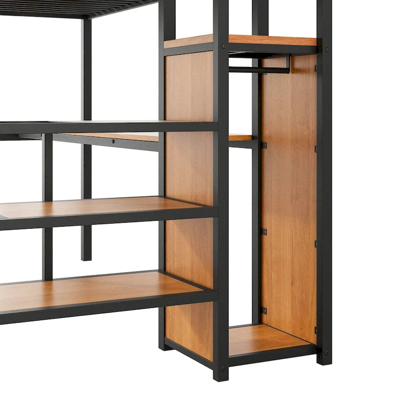 Letto a soppalco full-size con scrivania, scala contenitore, armadio piccolo, luce LED 9